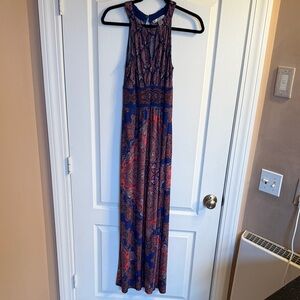 London Times Navy and Coral Paisley Halter Maxi Dress